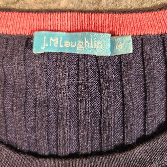 J.McLaughlin Sweater Womens Medium Navy Ribbed Knit Button Cuff Crewneck Stretch - Picture 2 of 8